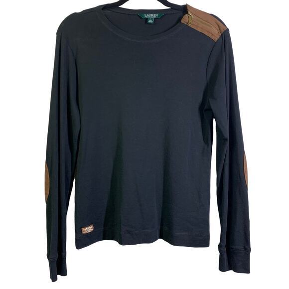 LAUREN RALPH‎ LAUREN Top Blouse Crew Neck Faux Suede Elbow Patches Shoulder Zip - Picture 1 of 13